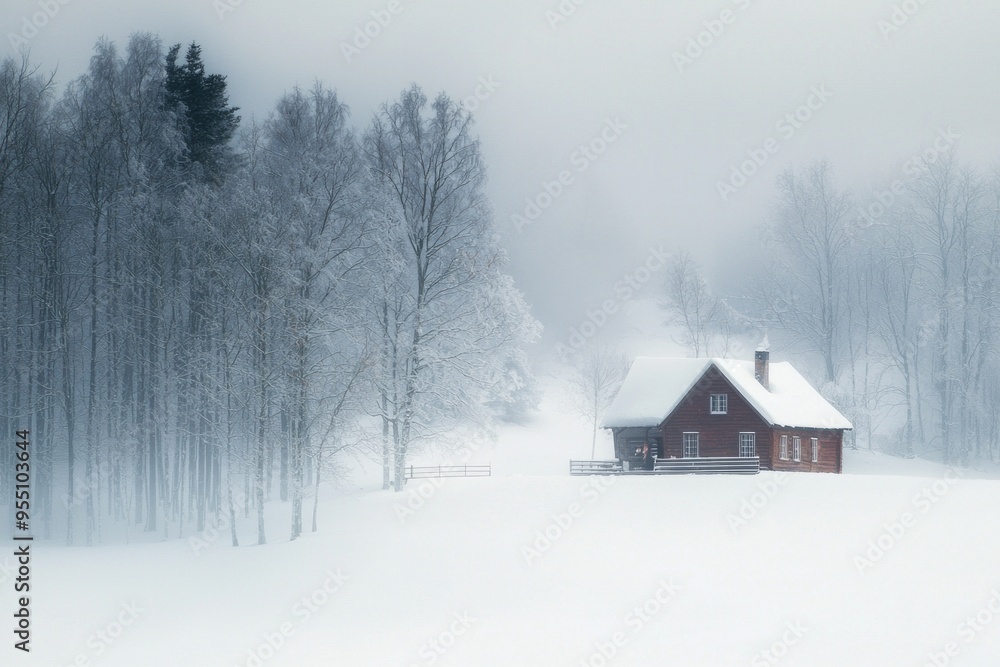 The sharp contrast of a distant snow-covered cabin in a winter landscape, with the surrounding trees and snow softly blurred. 