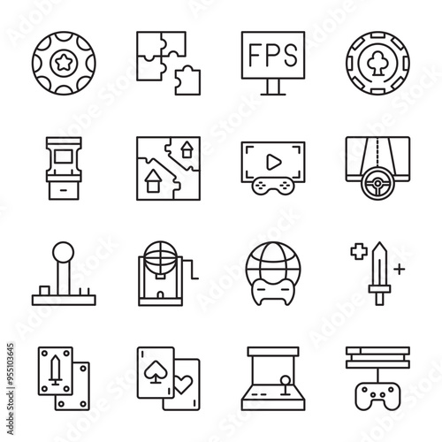 Gaming line icon collection. Editable stroke. Vector illustration. Containing playing cards, poker chip, puzzle, fps, casino chip, card game, arcade, map, trailer, race, arcade machine, buff