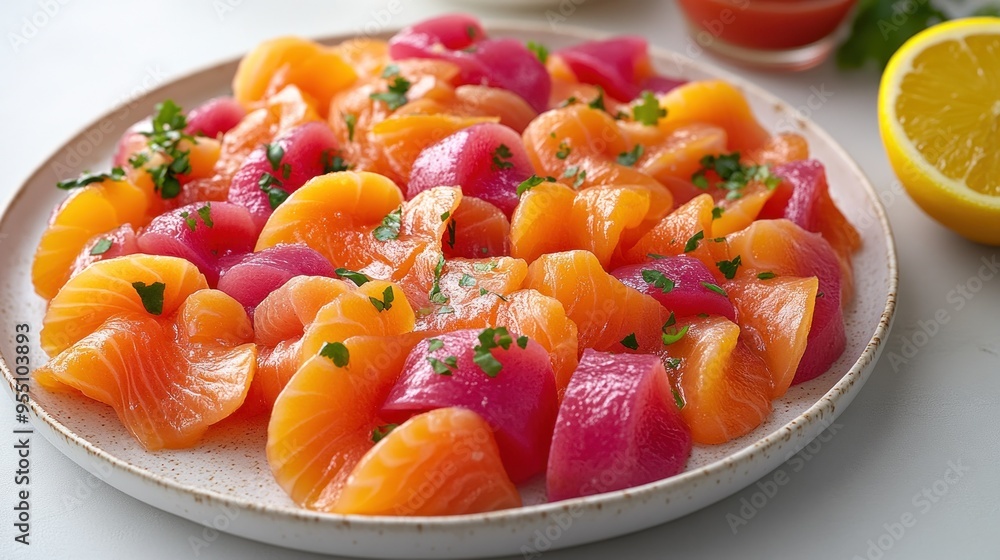 Salmon and tuna slices sit elegantly on a white plate, garnished with herbs Salmon and tuna slices sit elegantly on a white plate, garnished with herbs