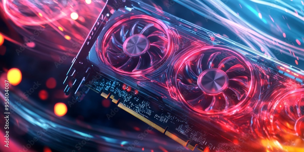 A graphics card with red and blue lights. A graphics card with red and blue lights.