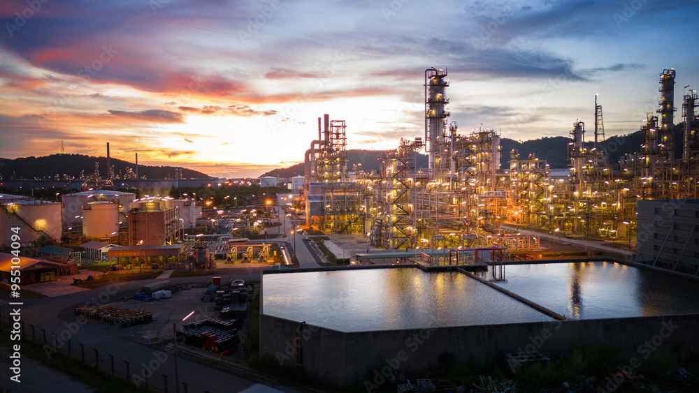 Fototapeta premium Oil Refinery plant at sunset. Gas Chemical Equipment Prodiction import export Concept, Crude Oil Refinery Plant Steel Pump Pipe line and Chimney and Cooling tower, Chemical Petrochemical