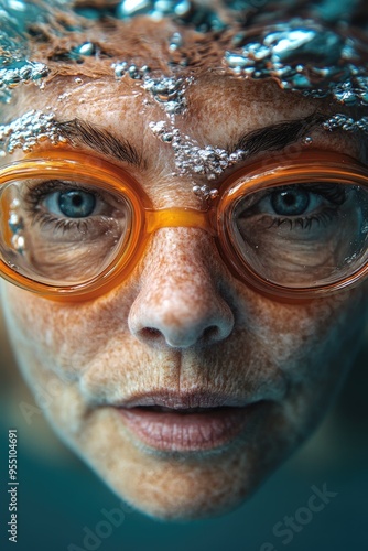 Woman with freckles is swimming underwater with orange goggles