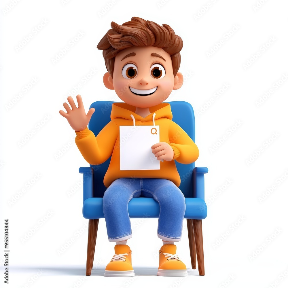 3D character waving while sitting on a chair with a paper 3D character waving while sitting on a chair with a paper