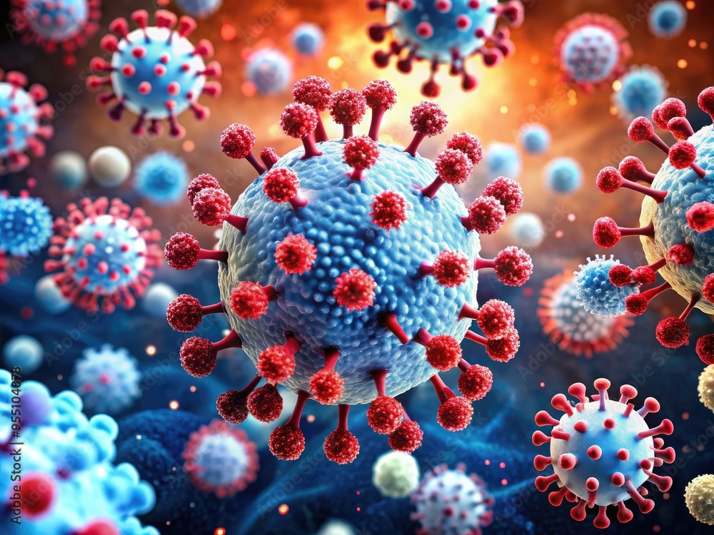 Microscopic view of HIV virus particles, surrounded by white blood cells, with red and blue tint, illustrating medical research and laboratory analysis. Microscopic view of HIV virus particles, surrounded by white blood cells, with red and blue tint, illustrating medical research and laboratory analysis.