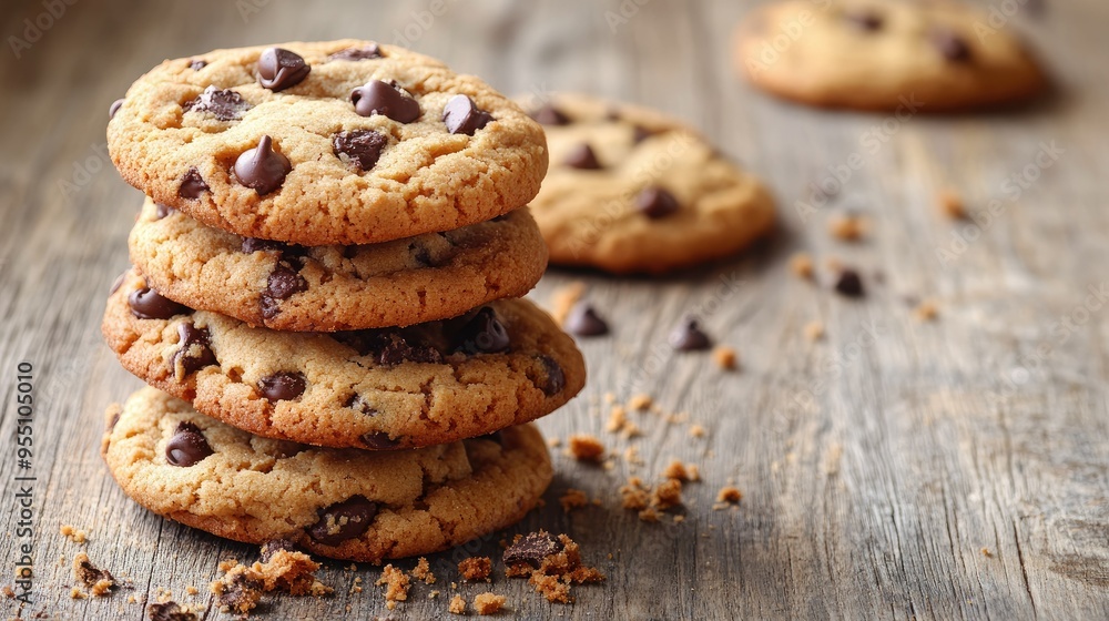 Tower of freshly baked chocolate chip cookies on a wooden table, with crumbs scattered around Tower of freshly baked chocolate chip cookies on a wooden table, with crumbs scattered around