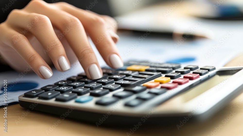 The businesswoman at the office is using the calculator to calculate financial reports and sales data, with a laptop computer and business document on the table. Information about money, business, The businesswoman at the office is using the calculator to calculate financial reports and sales data, with a laptop computer and business document on the table. Information about money, business,