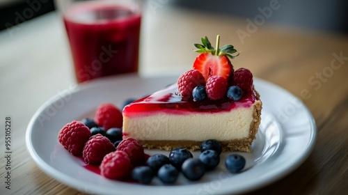 Delicious cheesecake with fresh berries on a white plate.