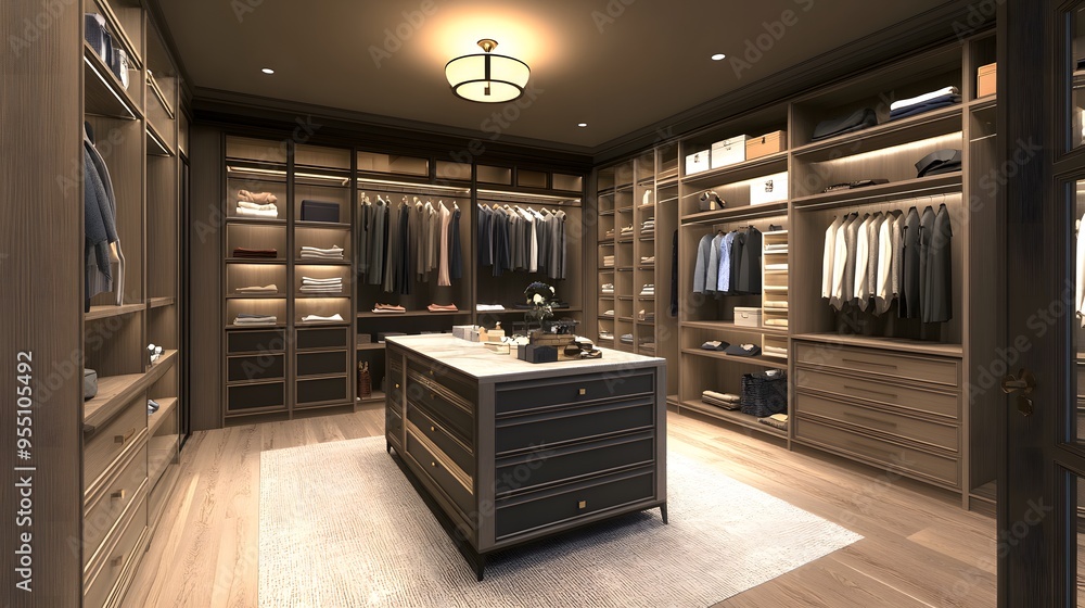 3D blueprint of a luxury walk-in closet, featuring custom-built ...