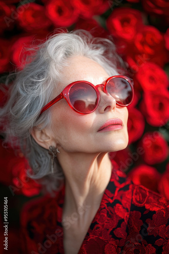 Elderly Woman, Elderly woman with silver hair wearing red sunglasses, set against a striking background of vibrant red roses