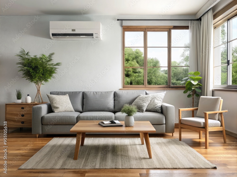 Modern air conditioning unit mounted on a white wall in a cozy living room with plush couch, wooden coffee table, and large windows. Modern air conditioning unit mounted on a white wall in a cozy living room with plush couch, wooden coffee table, and large windows.