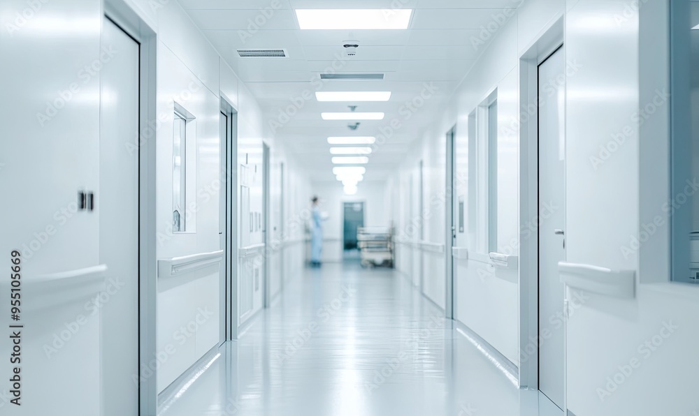 A long, sterile hallway in a modern hospital, with a single figure walking towards the end of the corridor. A long, sterile hallway in a modern hospital, with a single figure walking towards the end of the corridor.