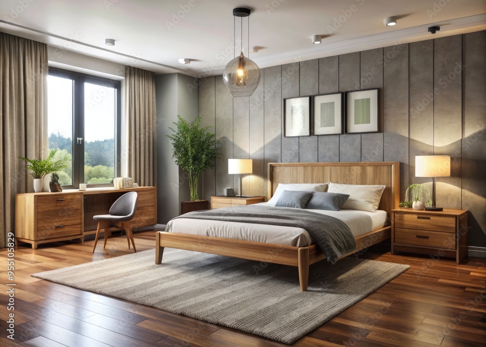 Modern Bedroom Interior With A Complete Furniture Set, Including A Bed, Dresser, Nightstands, And A Desk With A Chair And Lamp Modern Bedroom Interior With A Complete Furniture Set, Including A Bed, Dresser, Nightstands, And A Desk With A Chair And Lamp