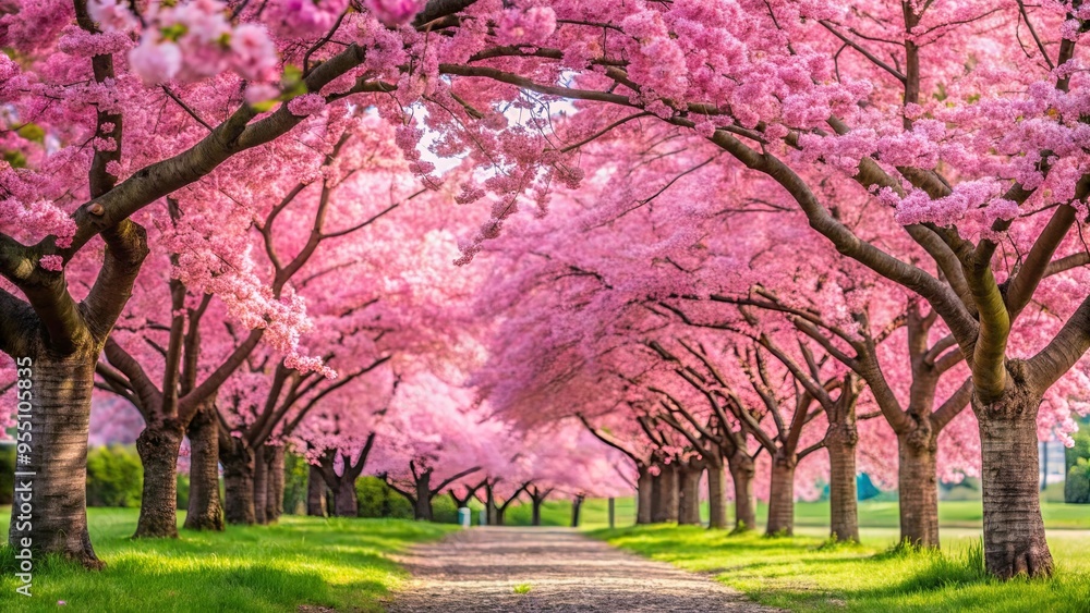 Vibrant cherry blossom trees in full bloom with a pink tree in the foreground Vibrant cherry blossom trees in full bloom with a pink tree in the foreground