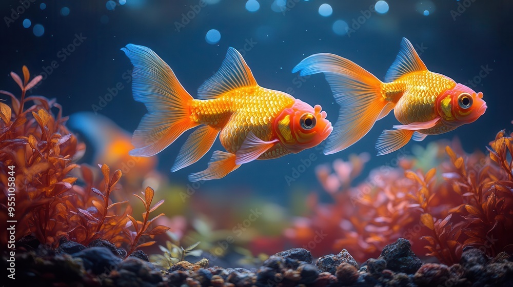bioluminescent aquarium ethereal goldfish with glowing patterns underwater alien landscape translucent flora dreamy blue ambiance bioluminescent aquarium ethereal goldfish with glowing patterns underwater alien landscape translucent flora dreamy blue ambiance