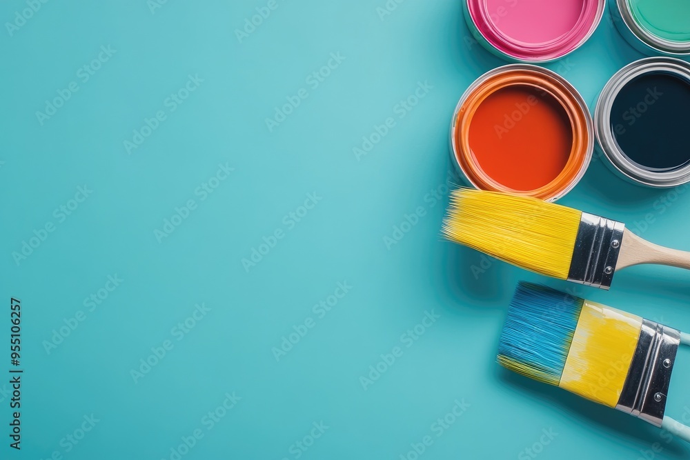 Colorful open paint cans with paintbrushes on a vibrant blue background. Colorful open paint cans with paintbrushes on a vibrant blue background.