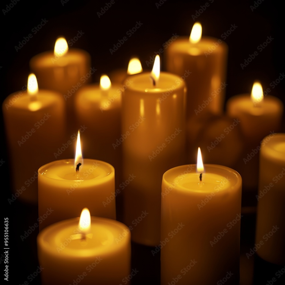 Burning Tealight Candles on a Reflective Surface in Low Light Burning Tealight Candles on a Reflective Surface in Low Light