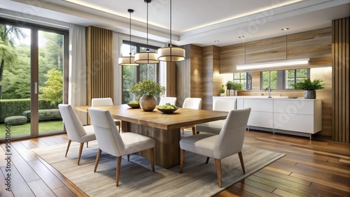 Modern Dining Room With A Rectangular Wooden Table, White Chairs, And A Chandelier