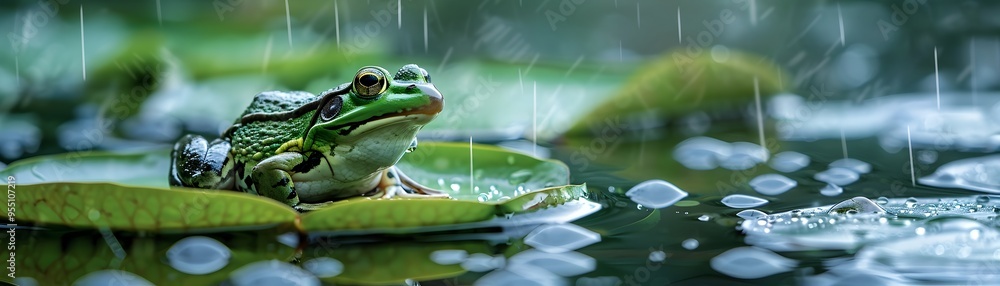 Whimsical Frog on Lily Pad in Rainy Pond Captivating the Charm of Nature Whimsical Frog on Lily Pad in Rainy Pond Captivating the Charm of Nature