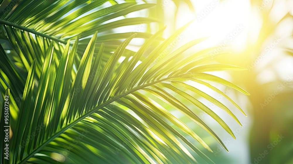 Obraz premium Tropical palm fronds with a sunny backdrop, creating a warm and inviting summer vibe