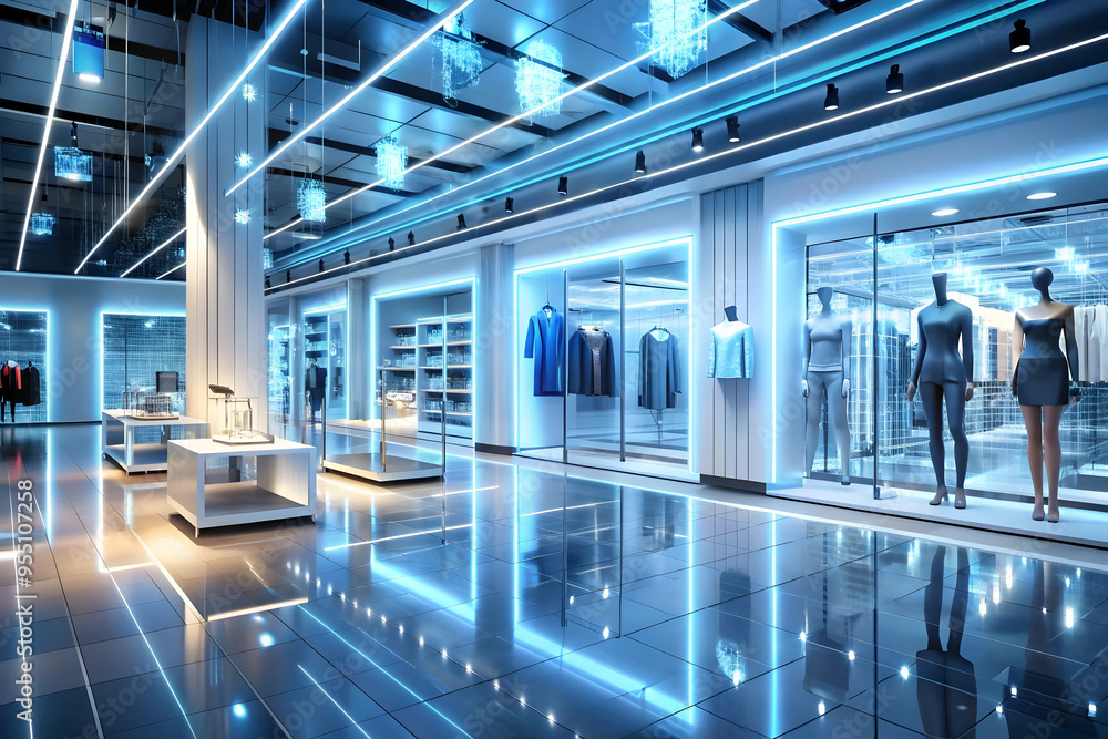 Fototapeta premium Transformative 3D AI-Driven Retail Space Background Concept with Interactive Displays and Digital Price Tags - Cost Management and Innovation Highlighted
