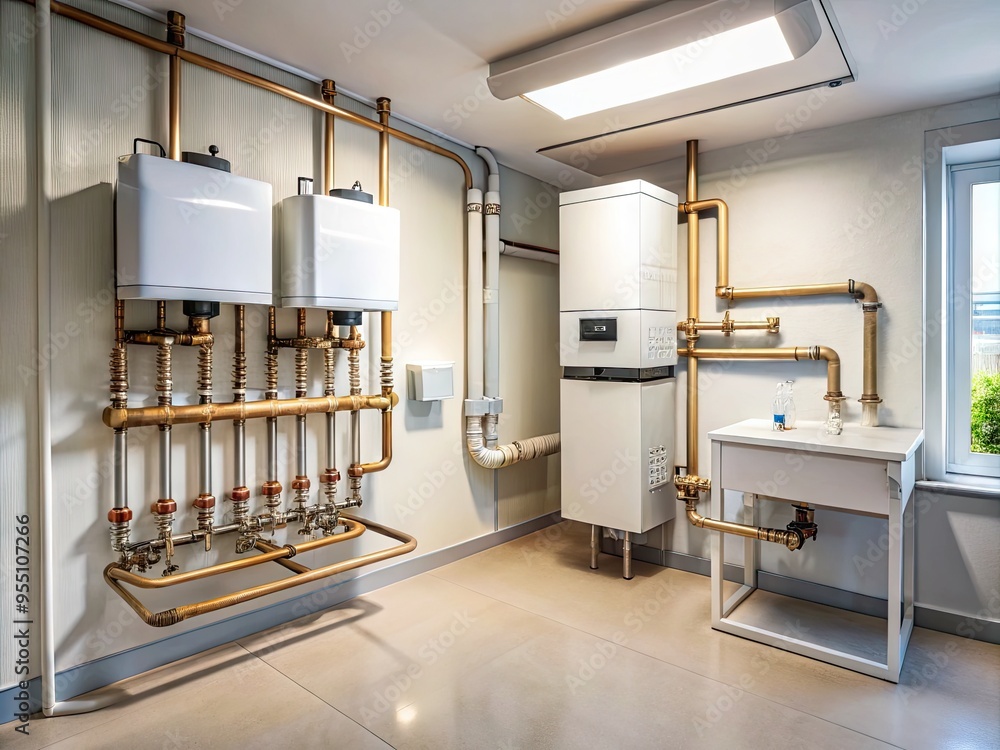 Modern gas boiler system installed in a tidy, well-lit residential utility room with pipework and meters, showcasing efficient home heating and hot water solution.