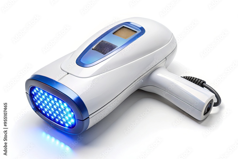 Modern hair removal machine with flashing blue lights on a white background, highlighting advanced technology for smooth and silky skin. Modern hair removal machine with flashing blue lights on a white background, highlighting advanced technology for smooth and silky skin.
