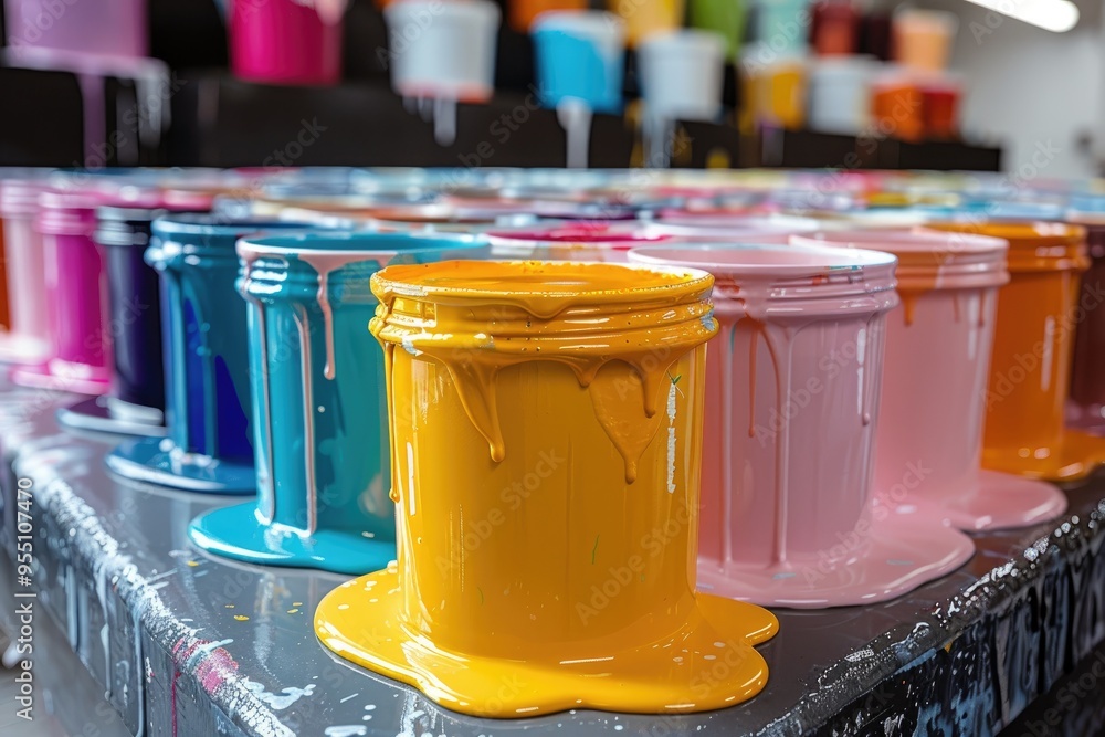 Colorful paint dripping from buckets in a printing factory Colorful paint dripping from buckets in a printing factory