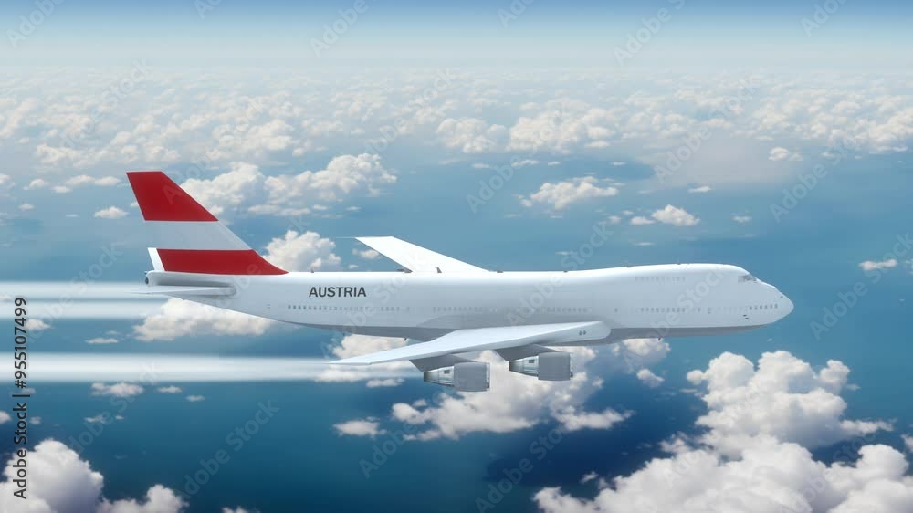 Commercial Airliner Passanger Plane Jumbo Jet Flying over Clouds with Country Flag Austria Commercial Airliner Passanger Plane Jumbo Jet Flying over Clouds with Country Flag Austria