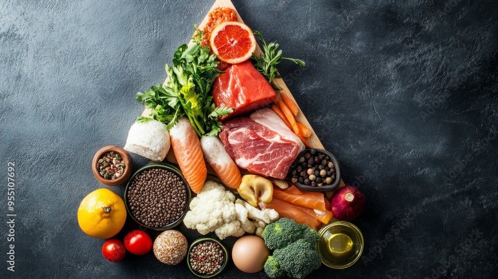 Food pyramid with meat, fish, vegetables and lentils. Food pyramid with meat, fish, vegetables and lentils.