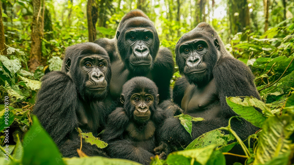Family of gorillas in forest Family of gorillas in forest
