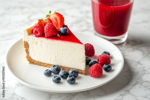 A slice of cheesecake with fresh berries and a glass of red juice on a white marble table.