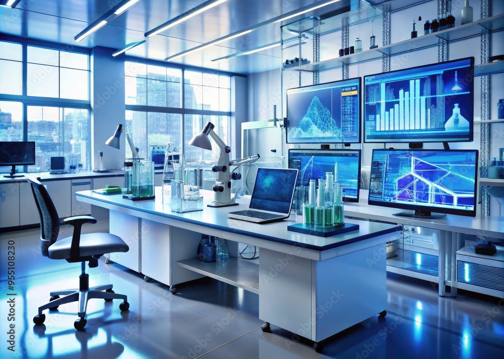 Modern laboratory setup with various scientific instruments, futuristic equipment, and computer monitors displaying complex data, representing innovative research and development processes. Modern laboratory setup with various scientific instruments, futuristic equipment, and computer monitors displaying complex data, representing innovative research and development processes.