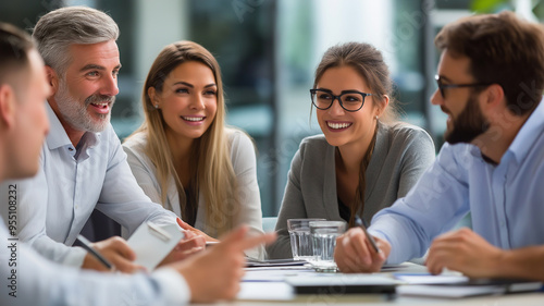 group of colleagues in business casual attire engaged in a lively discussion around a conference table