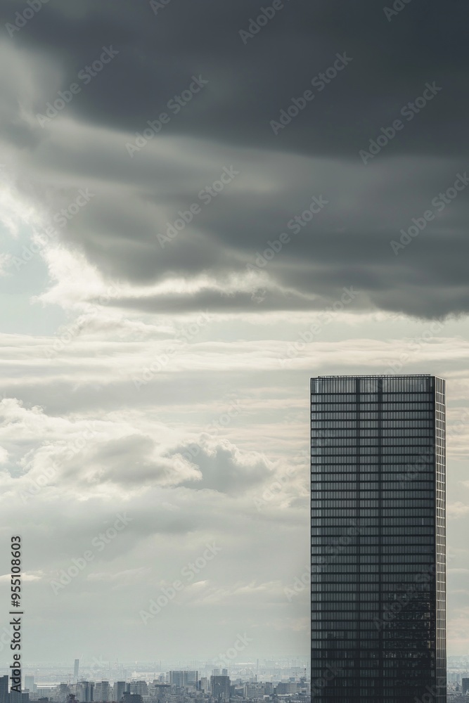 The sharp lines of a distant modern building standing against a cloudy sky, with the urban landscape compressed behind it. The sharp lines of a distant modern building standing against a cloudy sky, with the urban landscape compressed behind it.