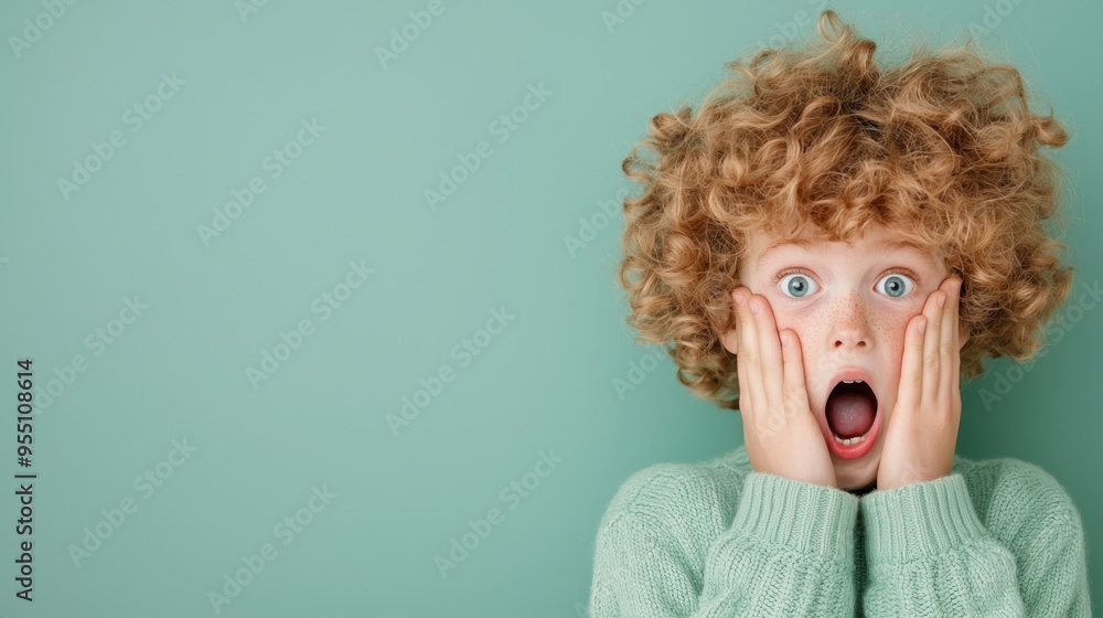 Shocked Curly Haired Child with Wide Eyes and Open Mouth on Teal Background Shocked Curly Haired Child with Wide Eyes and Open Mouth on Teal Background