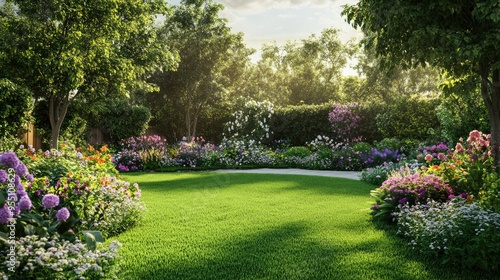 Vibrant summer garden with a variety of blooming flowers and a lush green lawn, ideal for outdoor enjoyment