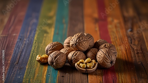 Walnuts on a Colorful Wooden Table, Rustic and Natural Setting