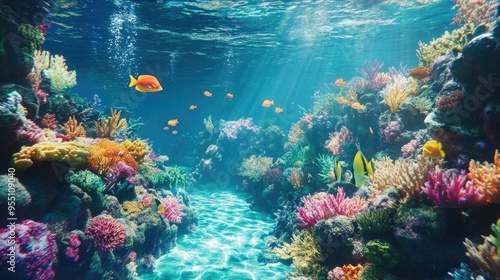 Fototapeta Naklejka Na Ścianę i Meble -  Vibrant underwater scene with colorful coral reefs and marine life swimming through clear water