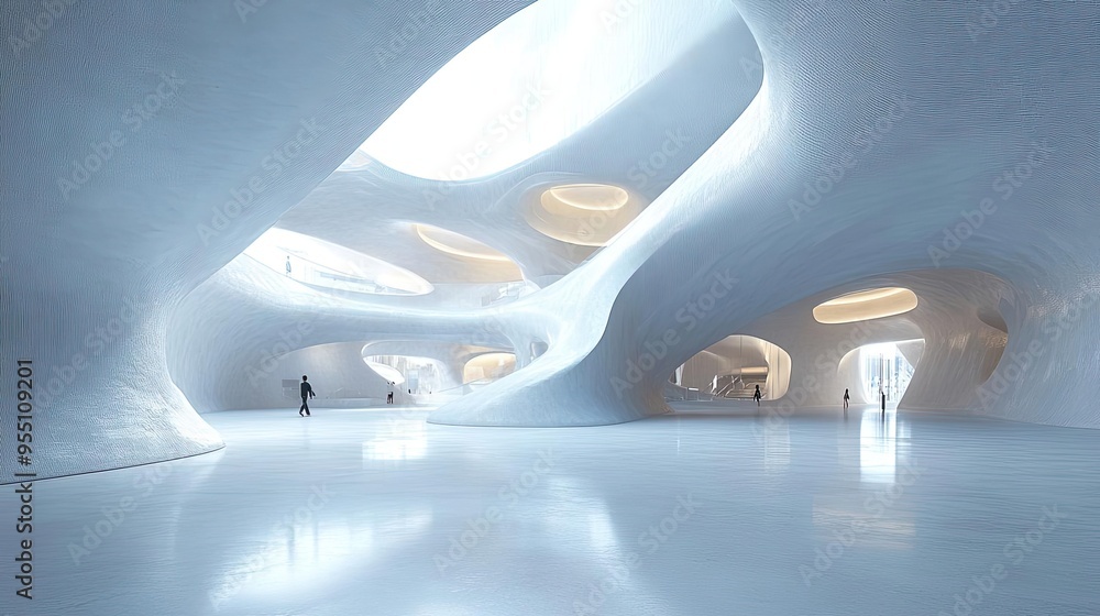 Contemporary museum interior, with open spaces, abstract shapes, and dynamic lighting, 3D architecture Contemporary museum interior, with open spaces, abstract shapes, and dynamic lighting, 3D architecture