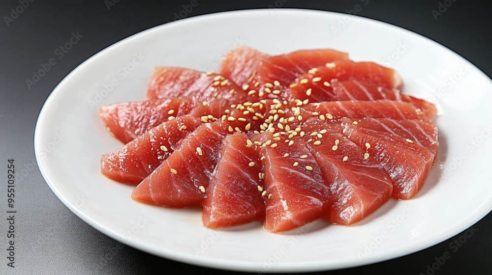 Fresh raw tuna slices with sesame seeds on a white plate. Fresh raw tuna slices with sesame seeds on a white plate.