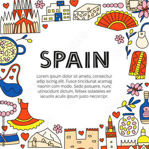 Poster with Spanish national landmarks and attractions in doodle style isolated on white background. Welcome banner. Spanish tourism concept.