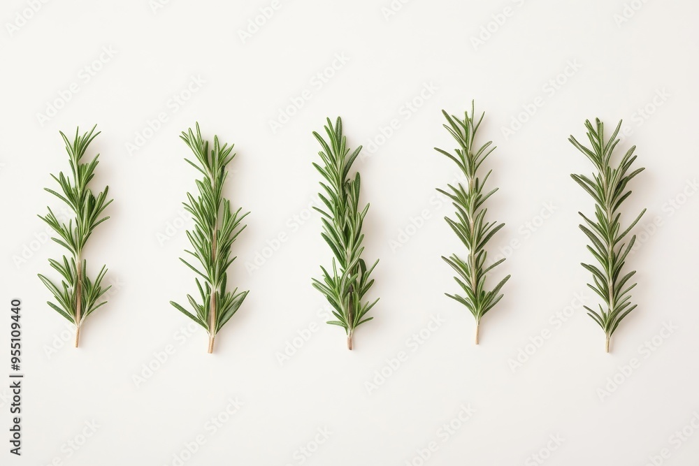 Five sprigs of rosemary lined up on a white background. Five sprigs of rosemary lined up on a white background.