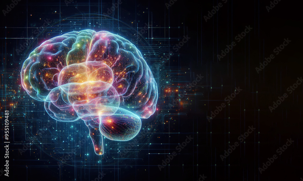 Hologram of the brain. Wireframe glowing low poly design on dark background, healthy brain concept Hologram of the brain. Wireframe glowing low poly design on dark background, healthy brain concept
