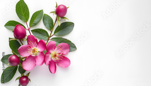 Rosehip flowers with leaf isolated on white background