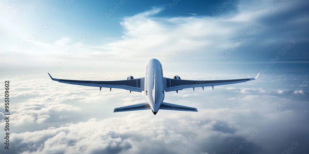 Obraz premium Airplane flying over fluffy white clouds with a bright blue sky.