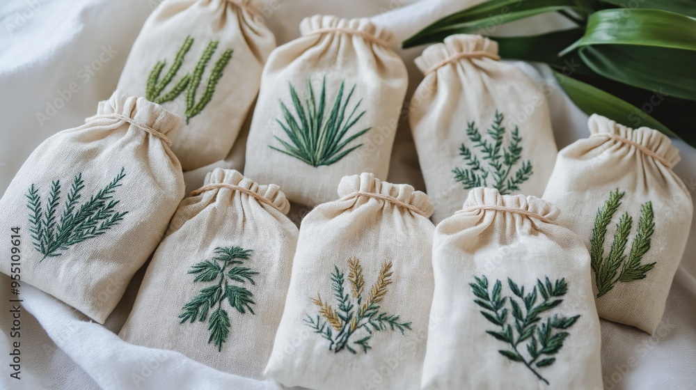Create a zero-waste advent calendar with reusable bags featuring embroidered plants for a sustainable celebration Create a zero-waste advent calendar with reusable bags featuring embroidered plants for a sustainable celebration