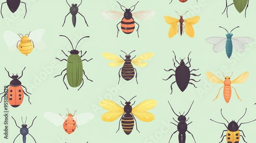 A colorful illustration featuring various types of insects in a decorative pattern on a light green background. photo