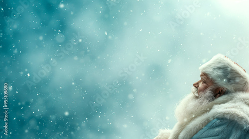 Majestic Elderly Caucasian Man with White Beard Gazing Skyward in Snowfall