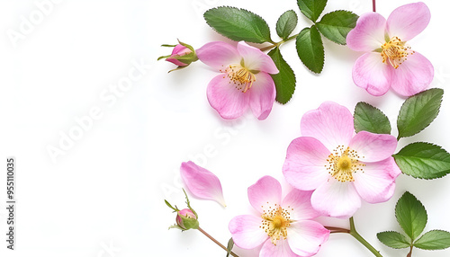 Rosehip flowers with leaf isolated on white background