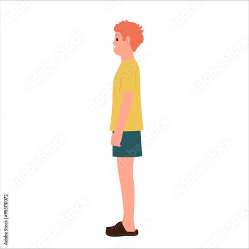 Side view of teenage red-haired boy child cartoon character wearing home clothes isolated on white
